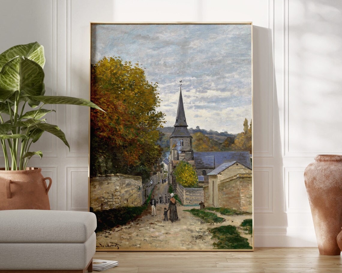 French Village Church Street Vintage Impressionist Oil Painting Poster