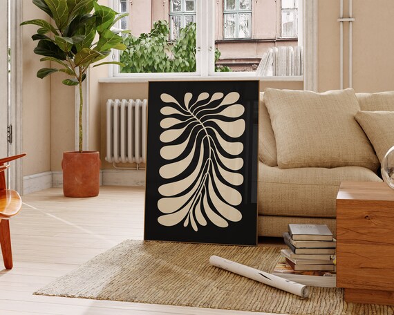 Cream Teardrop Leaf Fern Branch on Black Abstract Botanical Poster