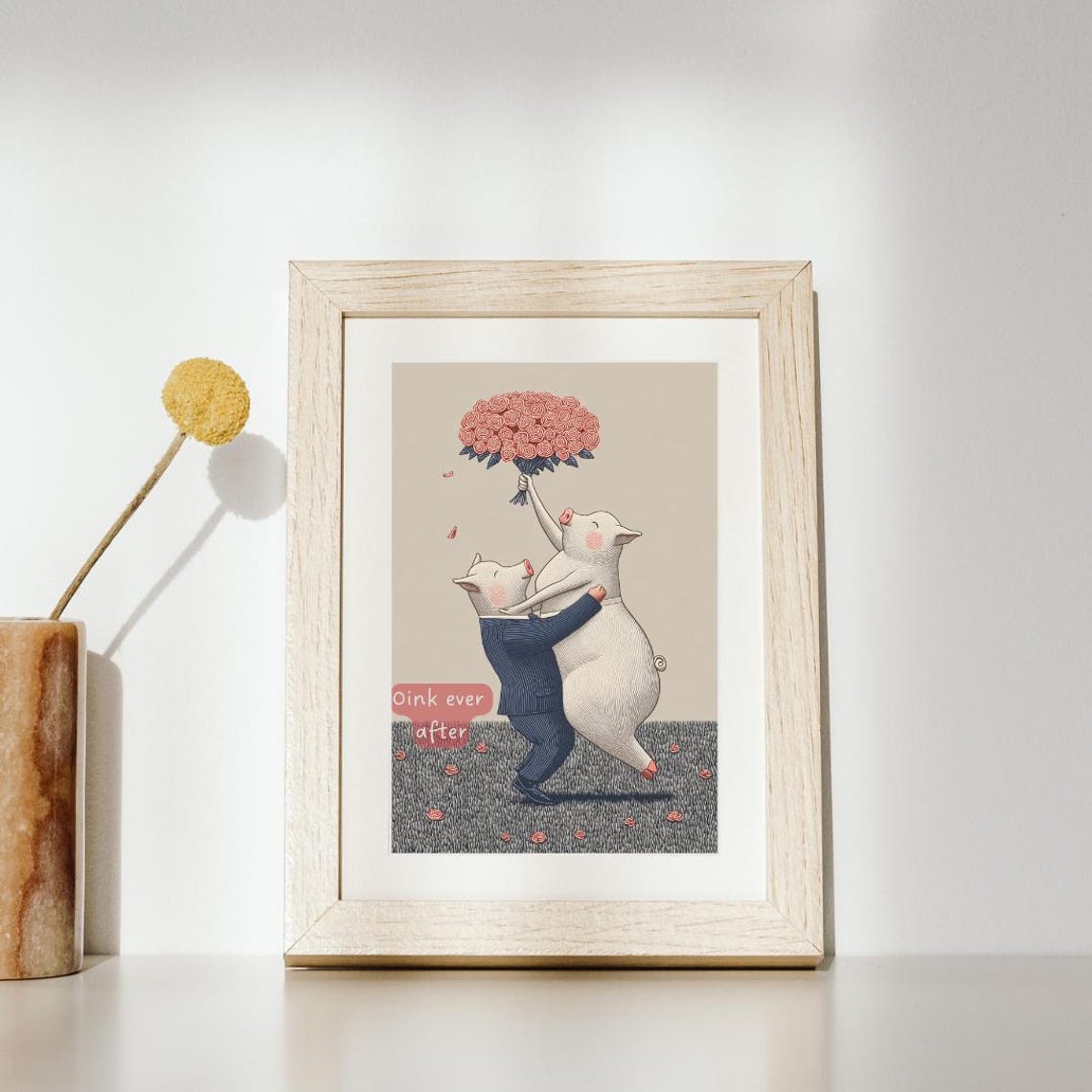Oink Ever After Dancing Pig Couple Cute Wedding Card Roses Print