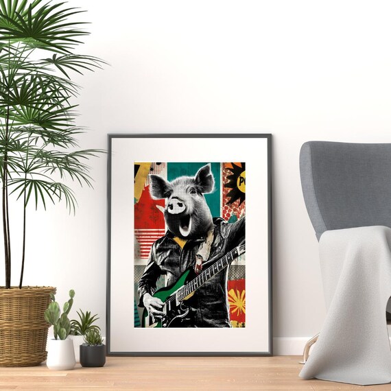 Bold Pig Parody Decor Rockstarporky Print Creative Snout Wall Art Heavy Metal Poster Instant