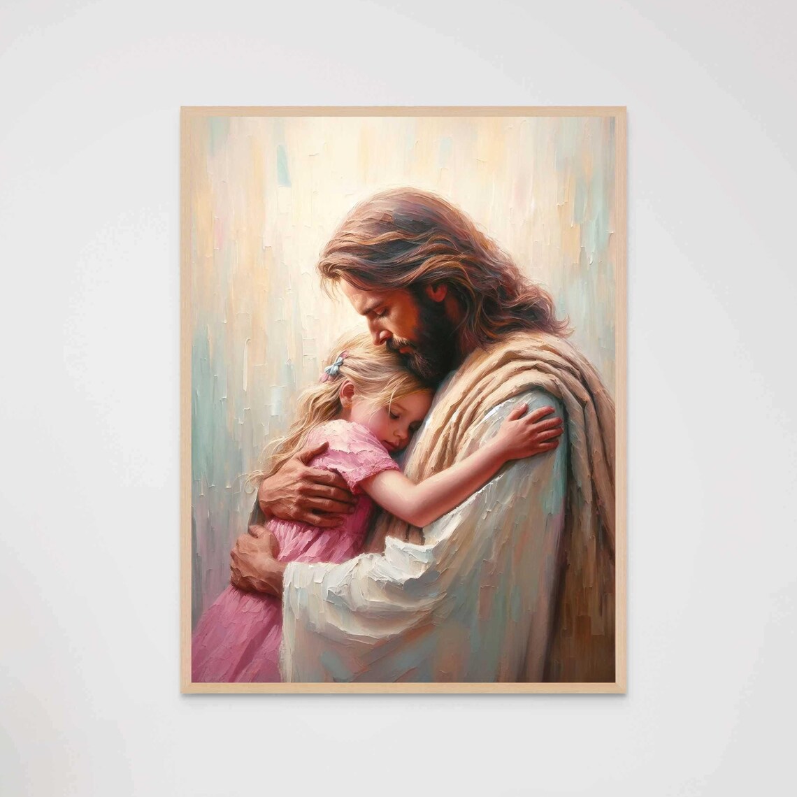 Jesus Embracing Young Girl in Pink Dress Pastel Impasto Poster