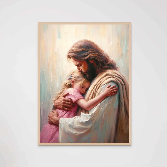 Jesus Embracing Young Girl in Pink Dress Pastel Impasto Poster