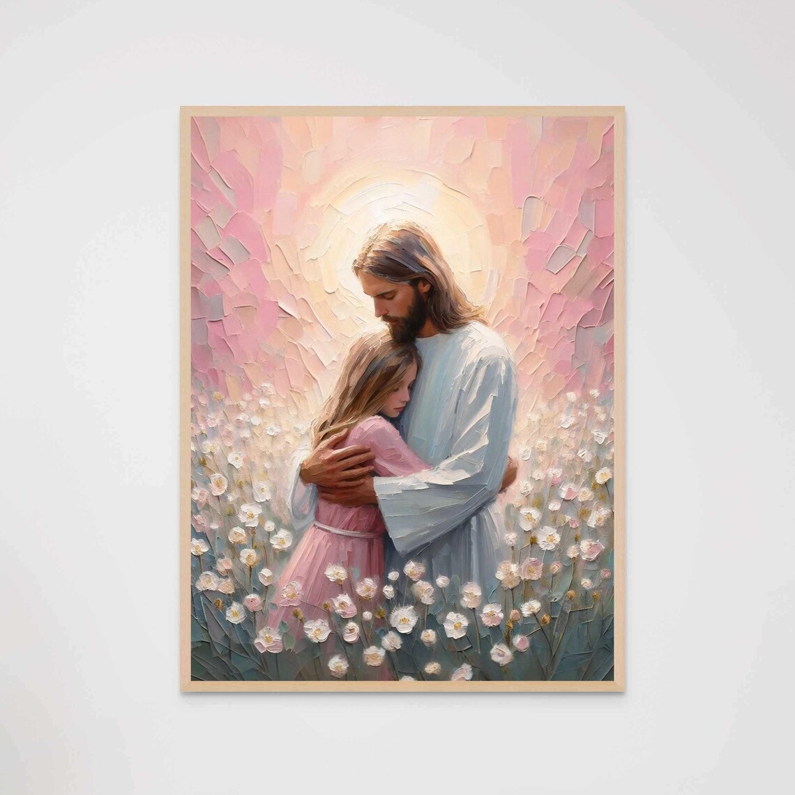 Jesus Christ Hugging Girl Among Daisies in Heavenly Glow Poster - Image 7