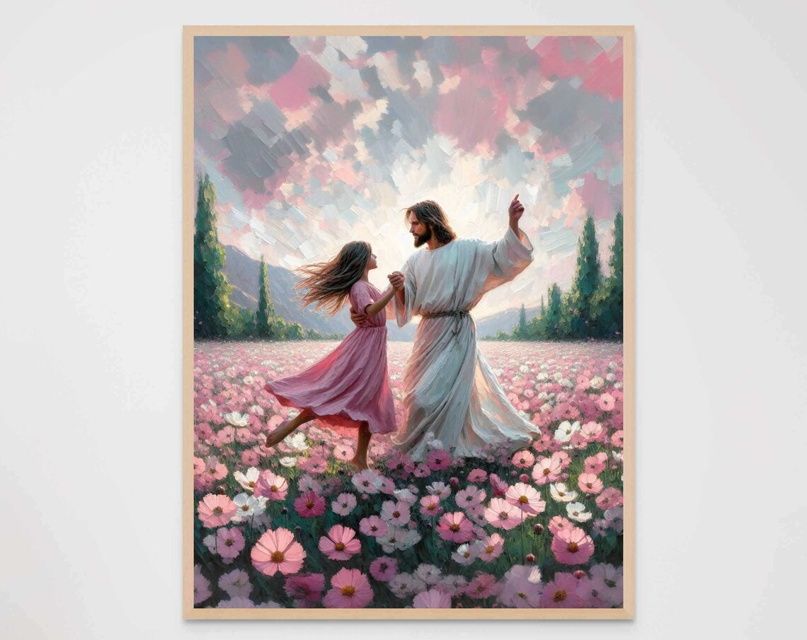 Jesus Dancing With Little Girl Flower Meadow Sunset Joyful Christian Poster - Image 7