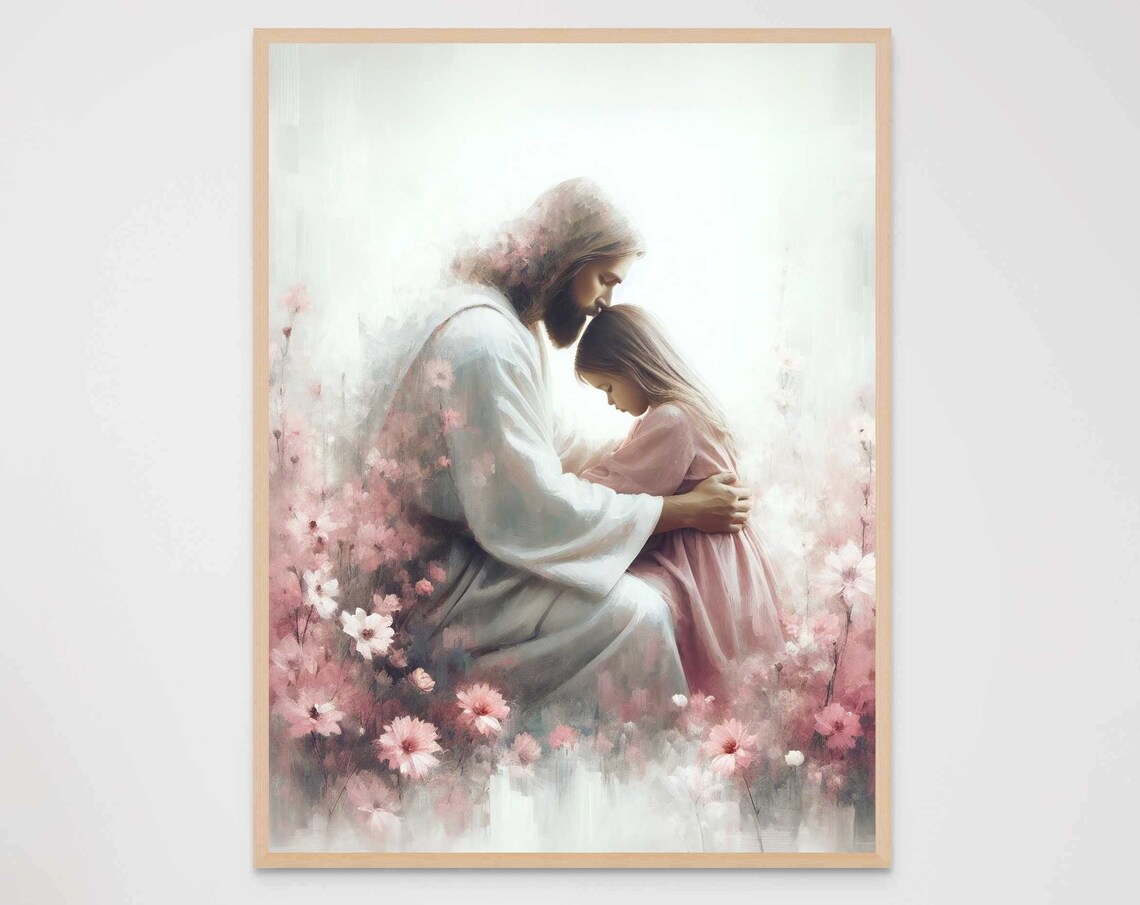 Jesus Embracing Girl Among Pink Blossoms Watercolor Art Poster - Image 7