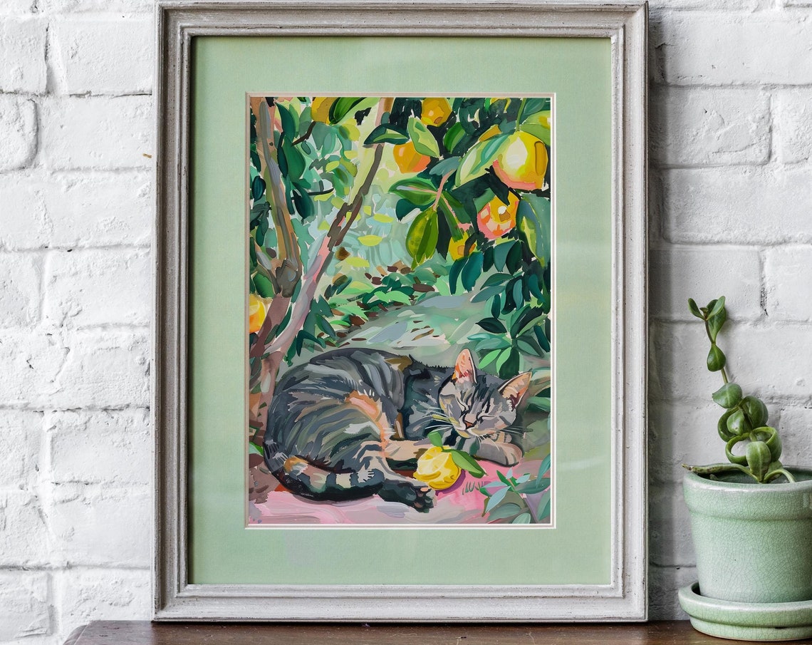 Sleeping Tabby Cat Lemon Grove Sunny Fruit Tree Painting Poster - Image 4