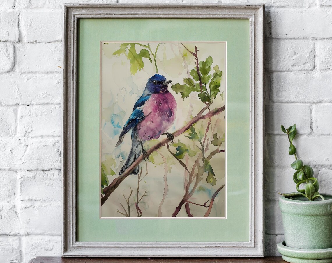 Blue and Pink Songbird Watercolor Perched Branch Nature Poster - Image 5