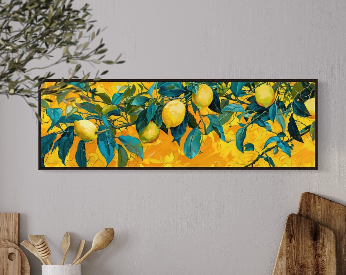 Panoramic Lemon Tree Branch Long Narrow Wall Art Yellow Painting Print Lemon Kitchen Decor Above Couch Citrus Decor - Image 4