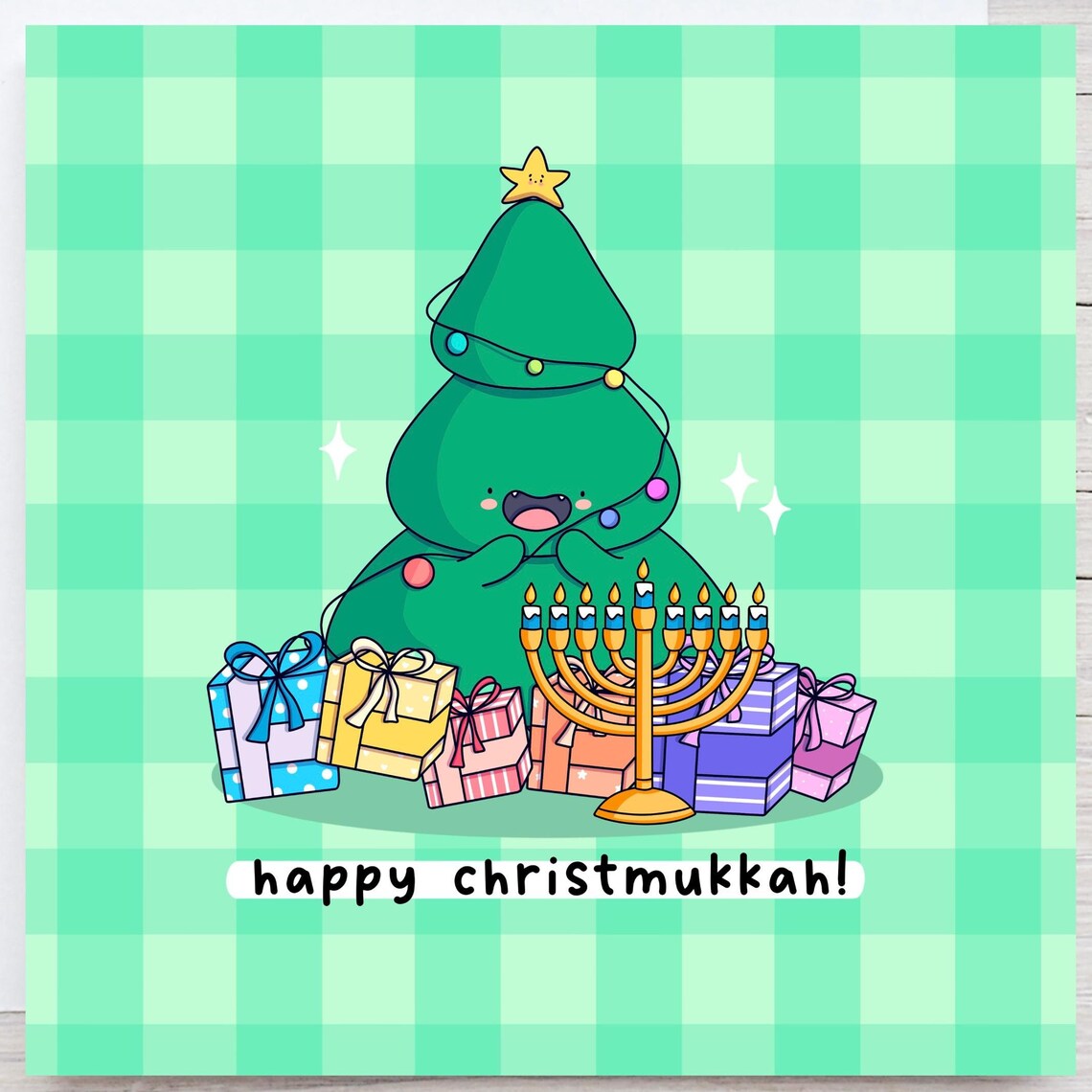 Kawaii Christmukkah Poster with Christmas Tree Menorah and Gifts
