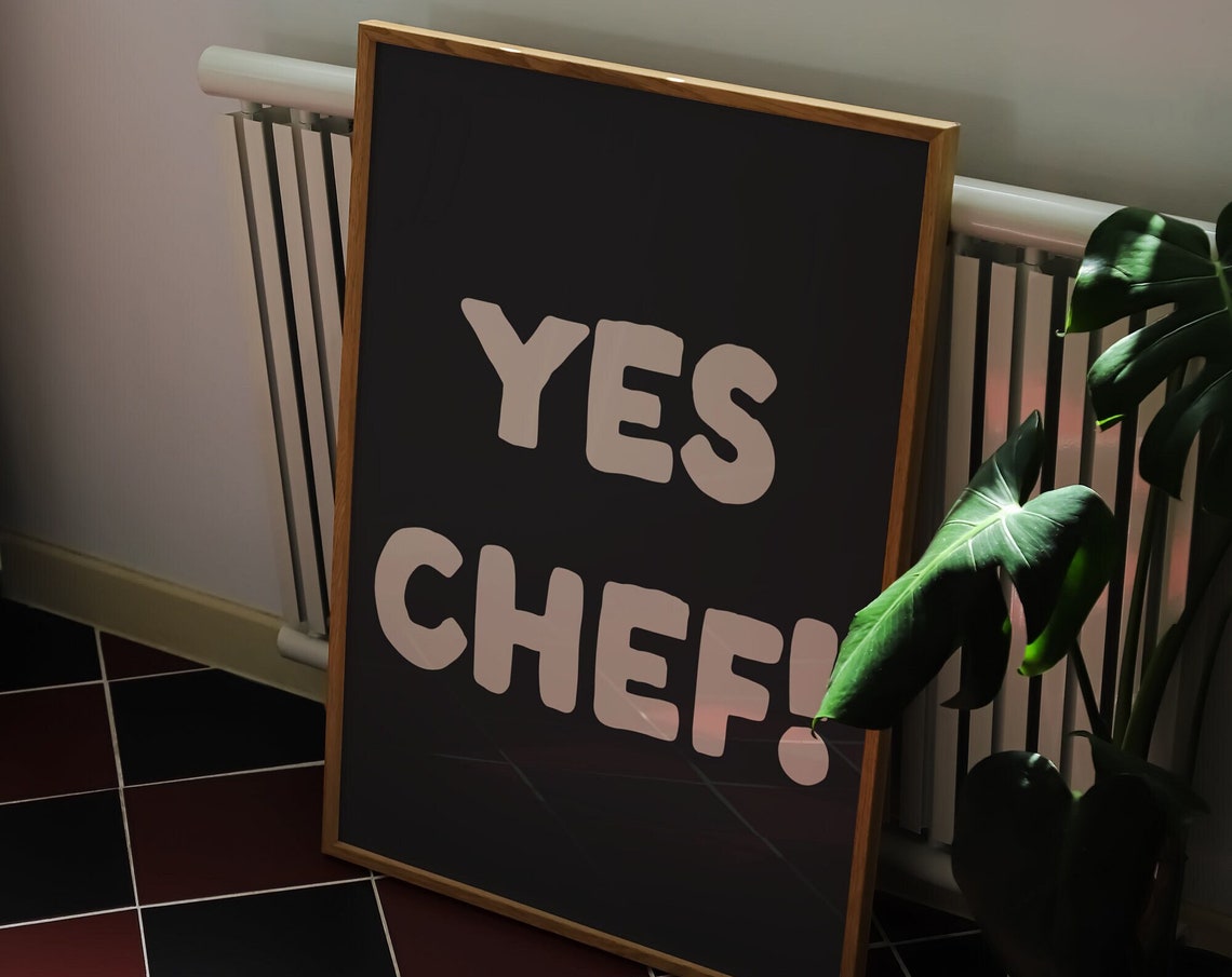 Yes Chef White Bubble Letters Black Kitchen Bold Typography Art Poster