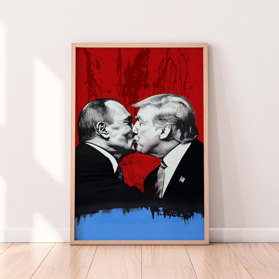 Trump Kissing Putin Pop Art Political Satire Poster on Red Background
