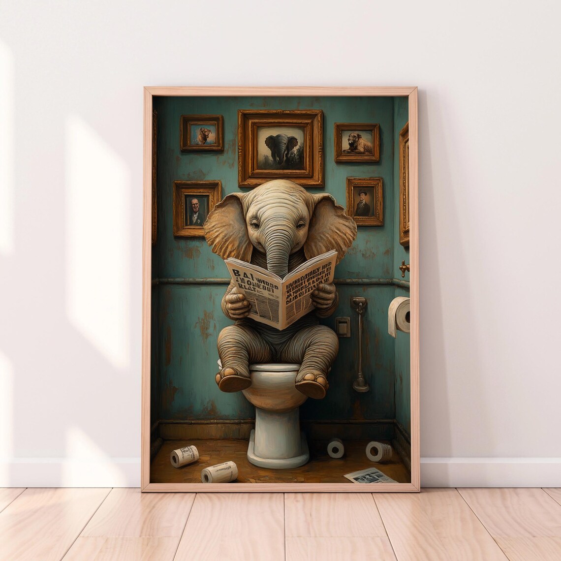 Elephant Reading Newspaper on Toilet Surreal Vintage Bathroom Poster