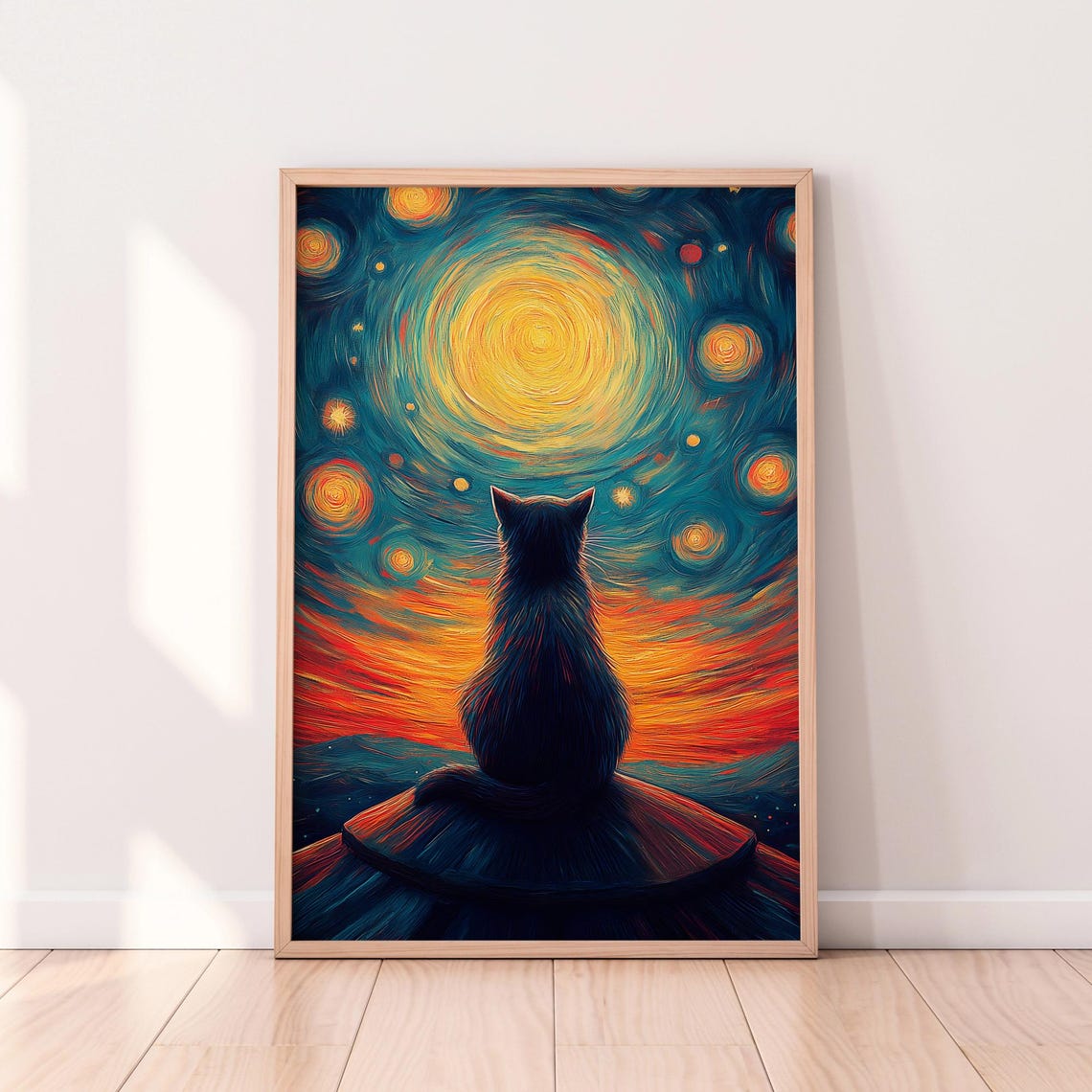 Starry Night Cat Under Swirling Stars Dreamy Celestial Poster