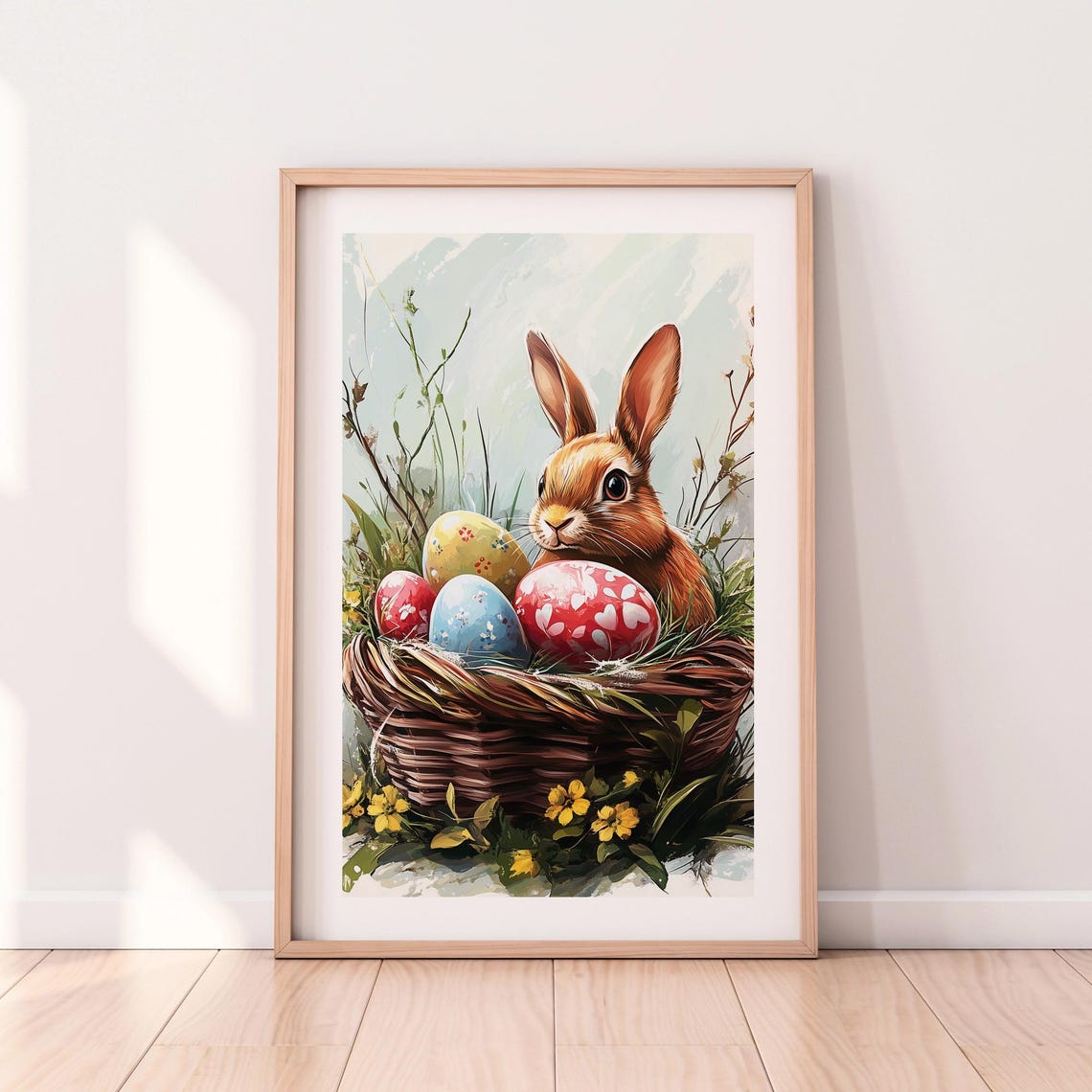 Easter Bunny In Basket With Painted Eggs Spring Watercolor Poster