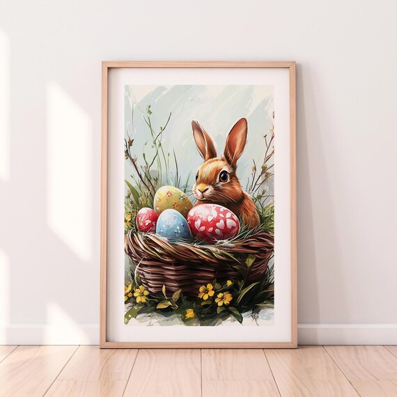 Easter Bunny In Basket With Painted Eggs Spring Watercolor Poster