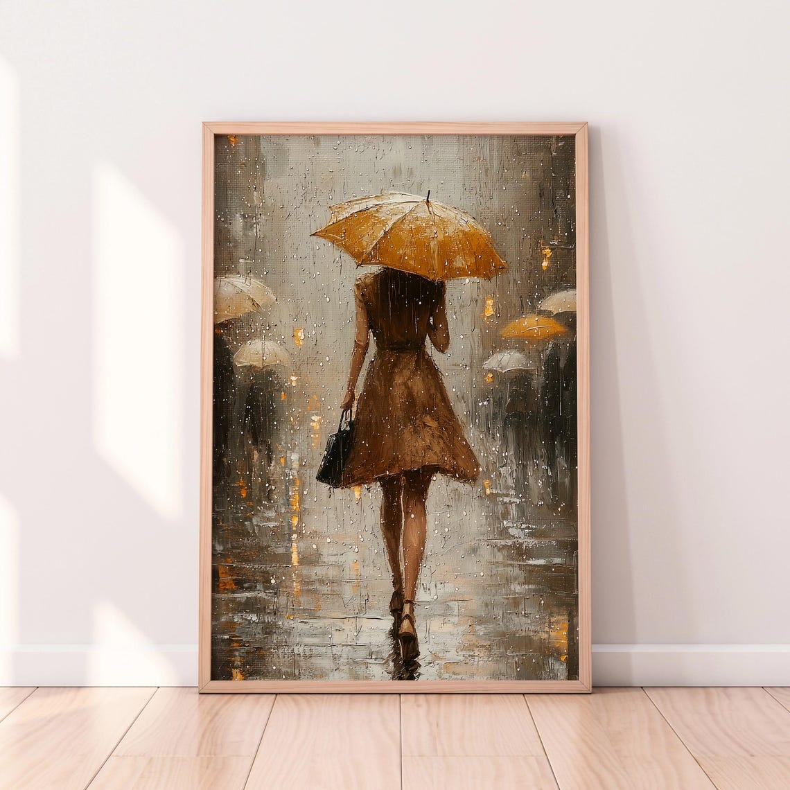 Woman With Yellow Umbrella Walking In The Rain Painting Poster