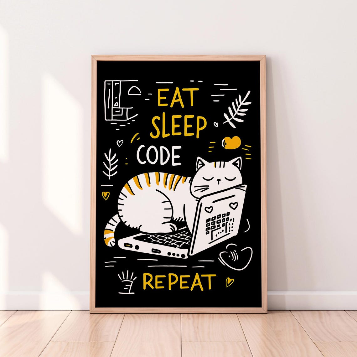Eat Sleep Code Repeat Funny Cat On Laptop Programmer Quote Print