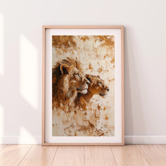Lion And Lioness Abstract Textured Safari Wildlife Painting Print