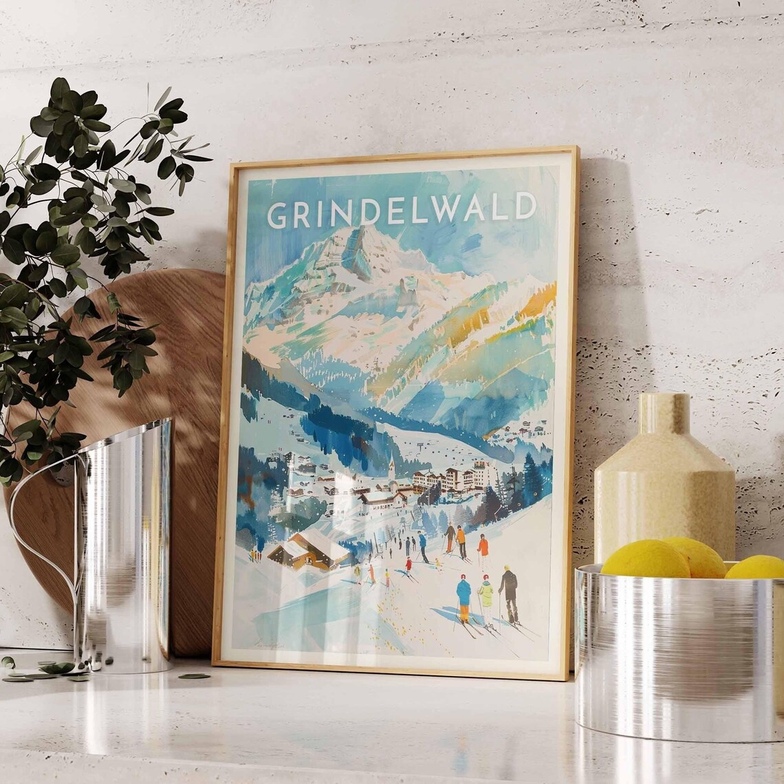 Grindelwald Alpine Snowy Winter Skiers Slope Village Peak Poster
