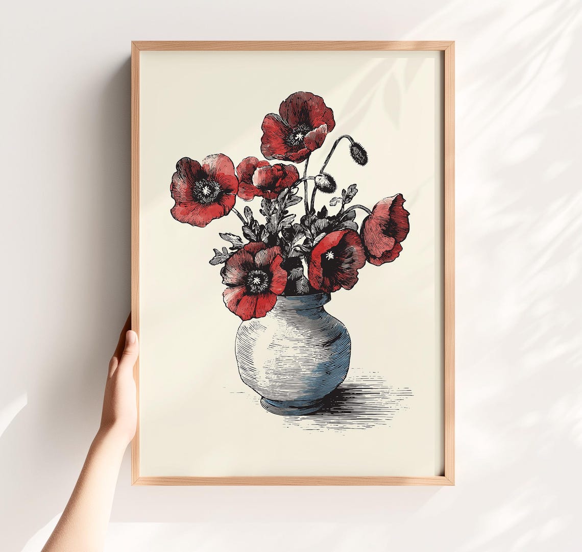 Vintage Red Poppies Print Retro Floral Botanical Art