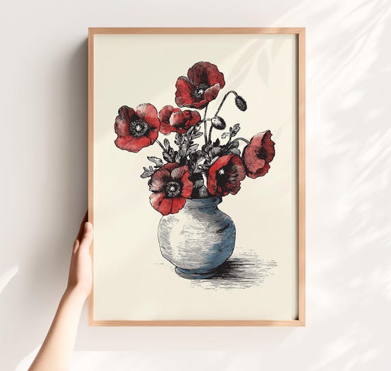Vintage Red Poppies Print Retro Floral Botanical Art