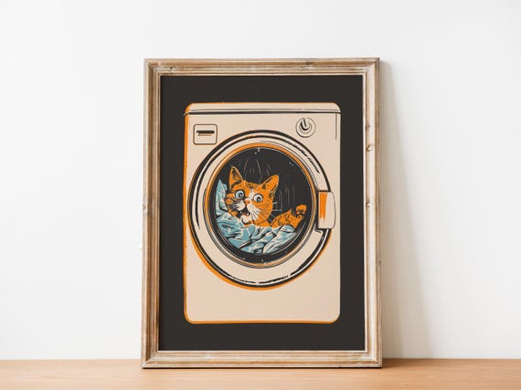 Retro Laundry Wall Art Funny Cat Print Bathroom Poster Utility Room Black And Beige Washing Machine Loads Of Fun