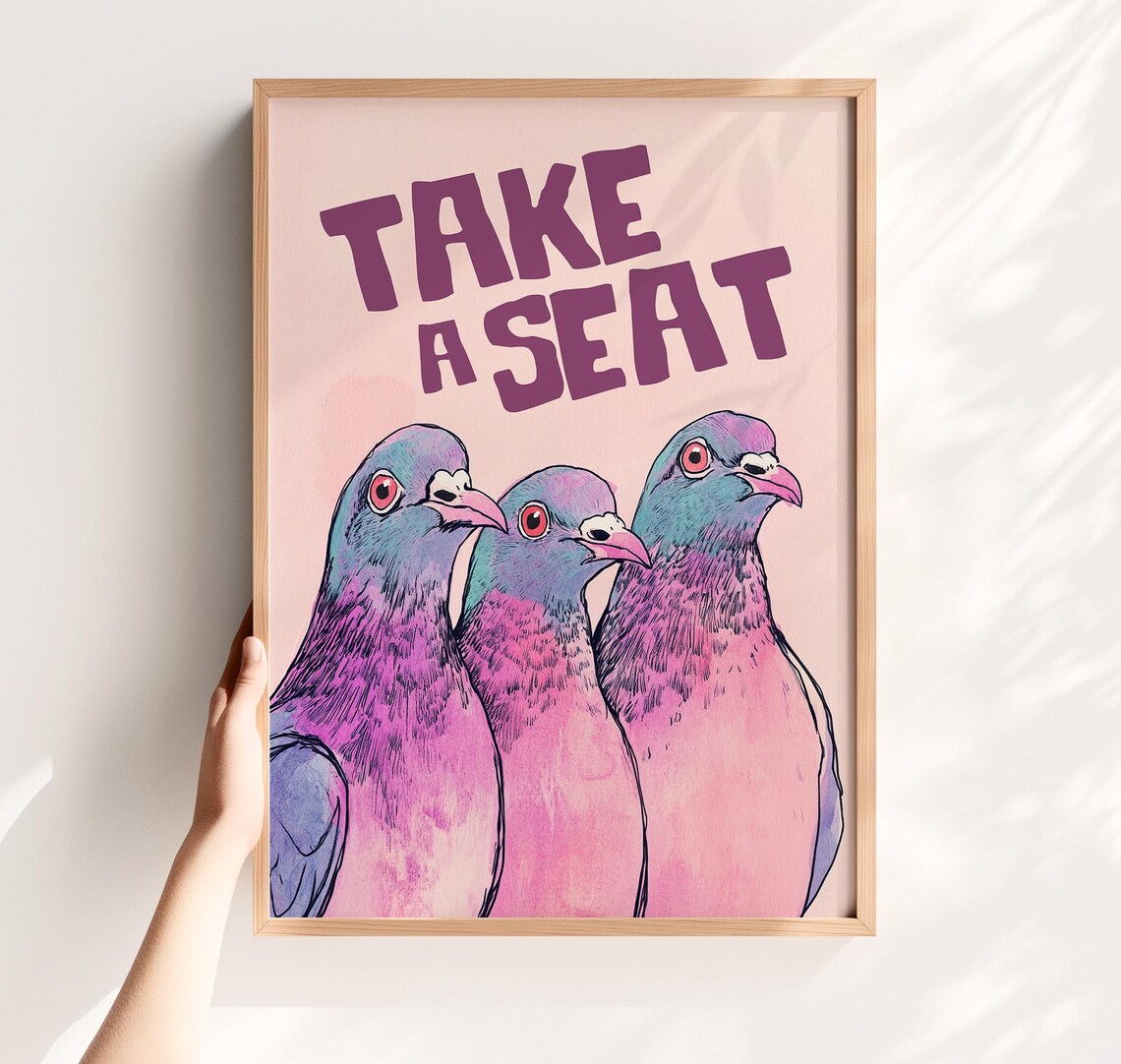 Take A Seat Funny Pink Pigeon Trio Playful Bathroom Humor Poster
