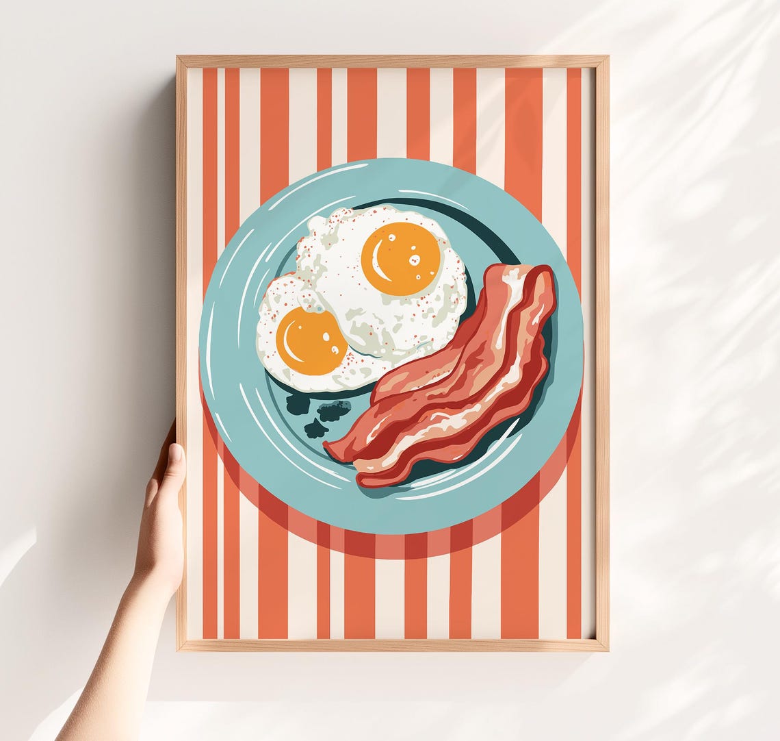 Retro Fried Eggs and Bacon Breakfast Kitchen Illustration Poster