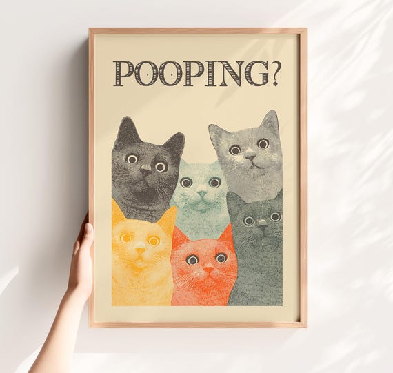 Funny Pooping Cat Bathroom Art Print Quirky Toilet Poster