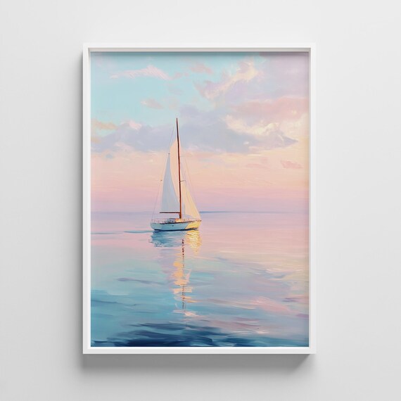 Pastel Sunset Sailboat On Calm Ocean Water Coastal Art Poster