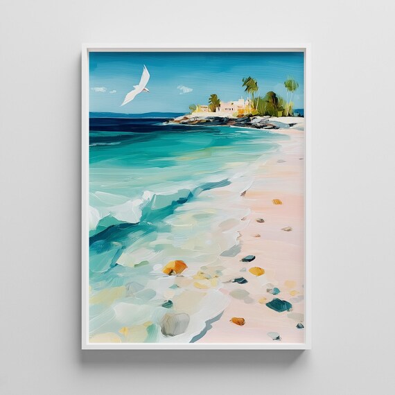 Turquoise Waves Seagull and Palm Coastal Beach Painting Poster