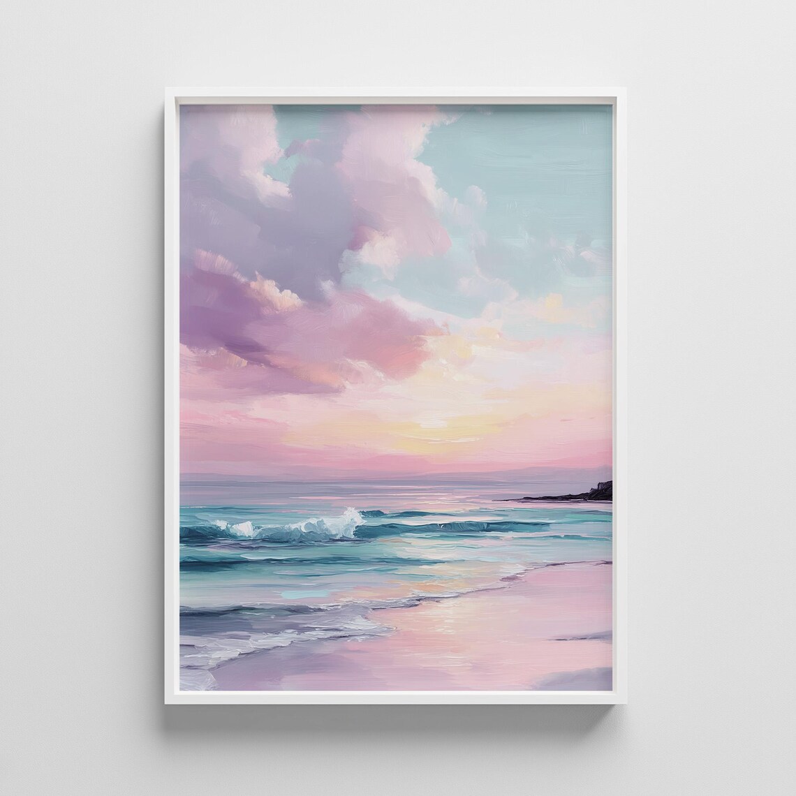Pastel Tropical Sunset Beach Waves Seascape Painting Wall Art