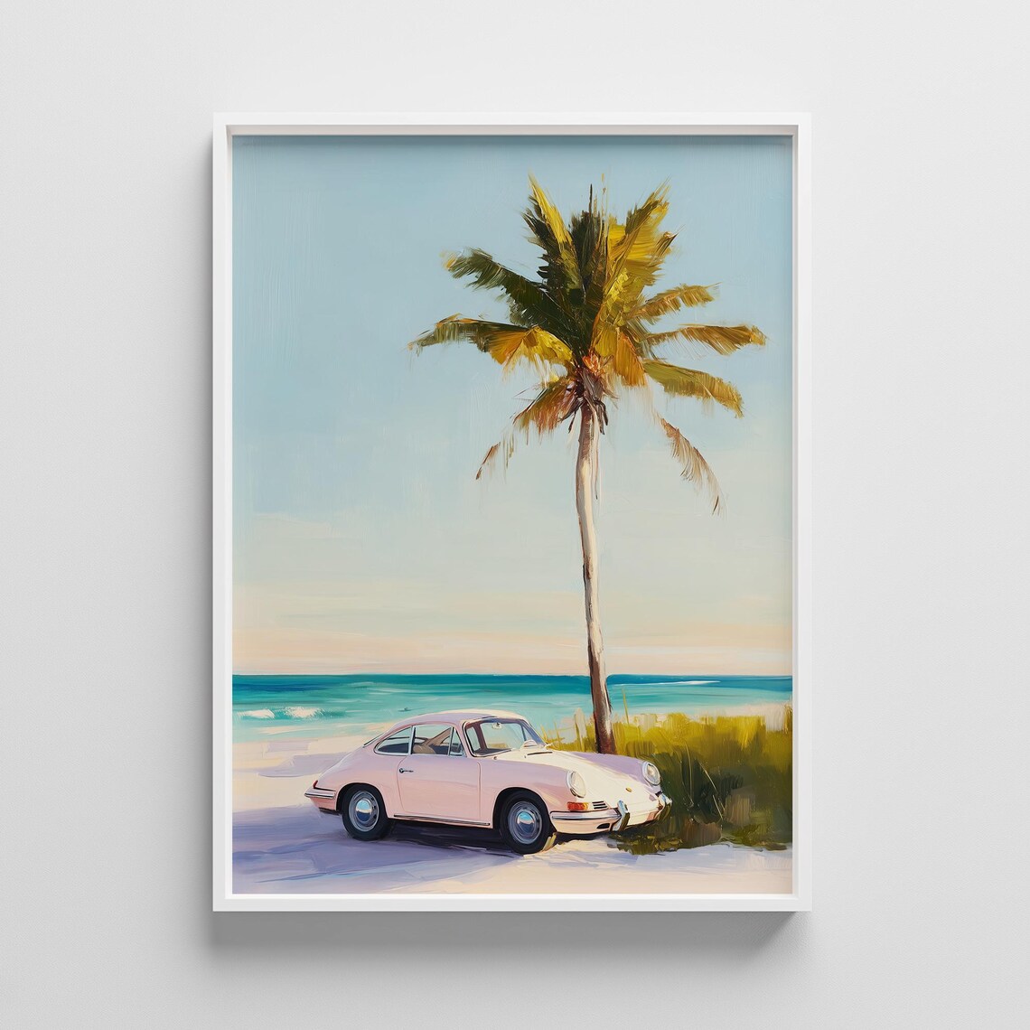 Vintage Pink Sports Coupe Palm Tree Beach Sunset Painting Poster