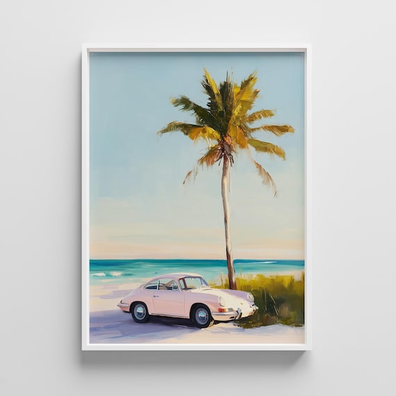 Vintage Pink Car Print Retro Palm Tree Beach Poster