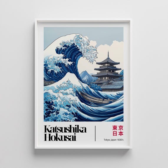 Hokusai Wave With Japanese Temple Print Ukiyoe Woodblock Style Art Great Wall For Living Room Or Office Decor