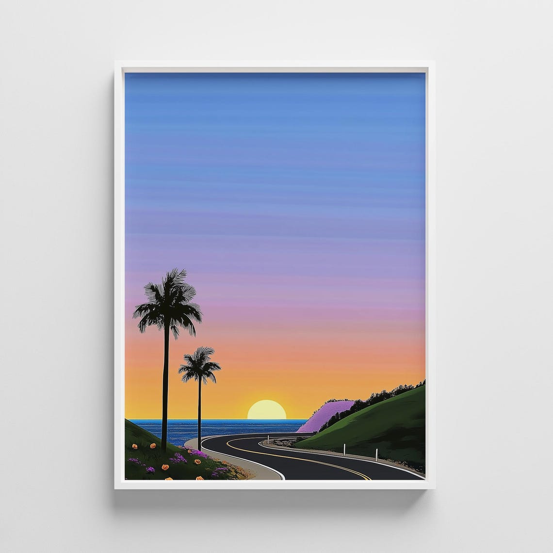 Hiroshi Nagai Style Coastal Sunset Highway Palm Trees Poster