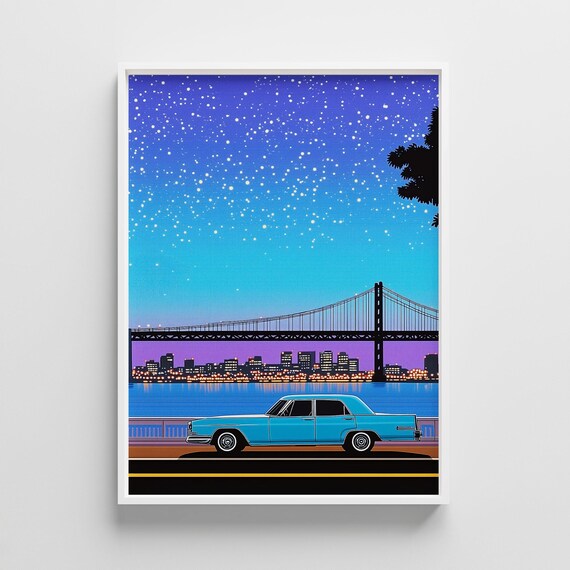 Retro Night Drive Sedan and Suspension Bridge City Pop Poster