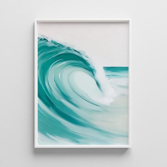 Curling Teal Ocean Wave Minimalist Pastel Coastal Beach Poster