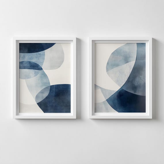 Minimalist Abstract Art Prints Navy Blue Watercolor Set