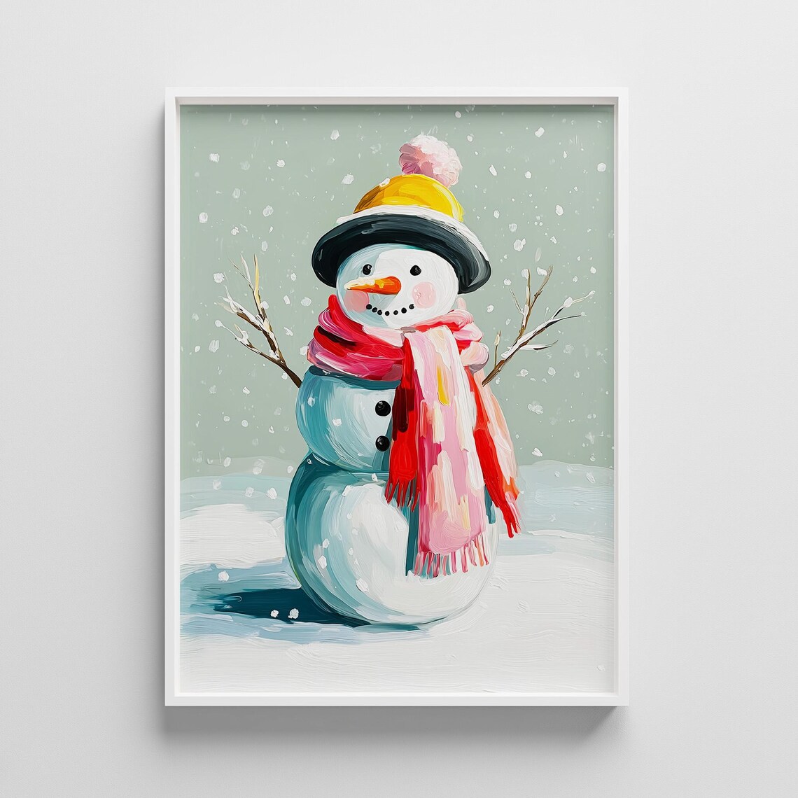 Cheerful Snowman in Pink Scarf Whimsical Winter Painting Print