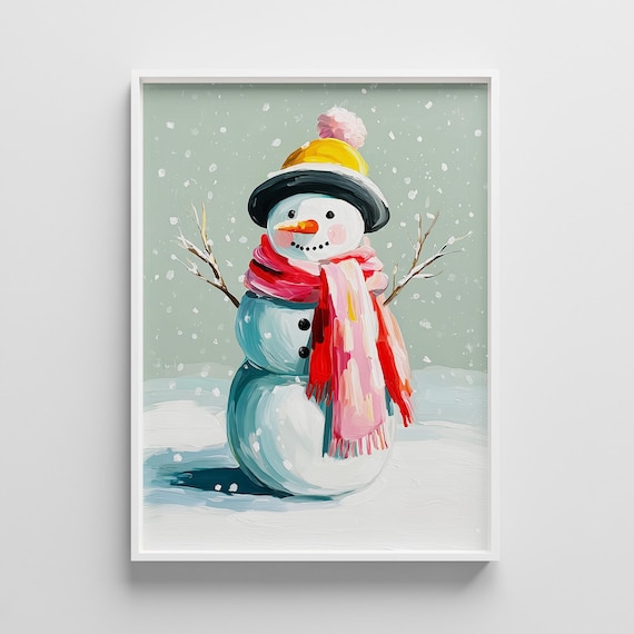 Cheerful Snowman in Pink Scarf Whimsical Winter Painting Print