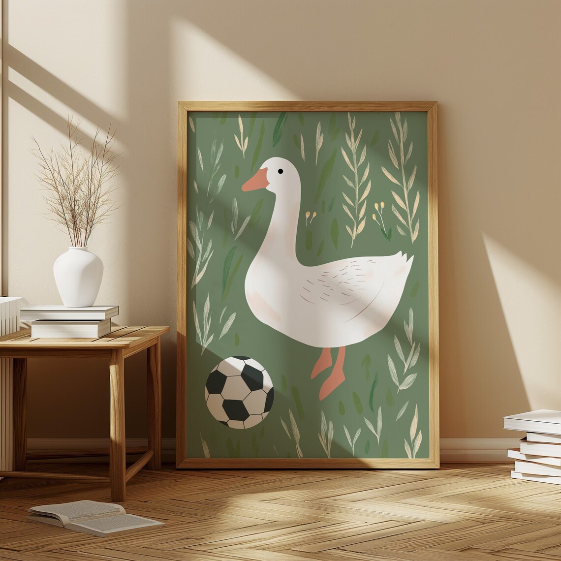 White Goose Soccer Ball Botanical Green Kids Room Playful Poster