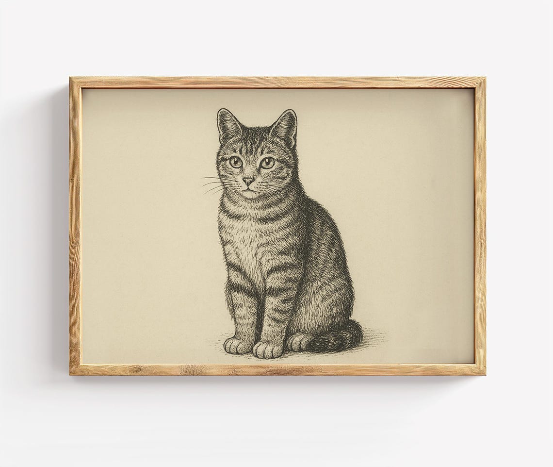 Minimalist Cat Art Print Scandinavian Sketch Neutral Decor