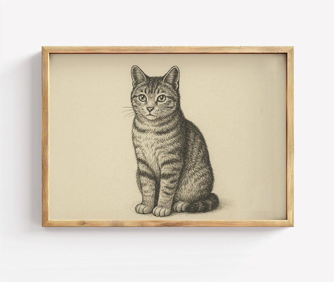 Sitting Tabby Cat Ink Sketch Minimalist Feline Pet Art Poster