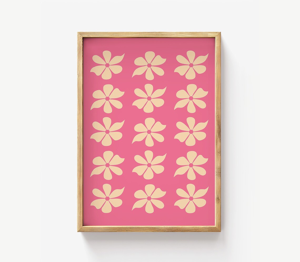 Pink Cream Retro Flower Grid Minimalist Wall Decor Poster for Modern Home Decor