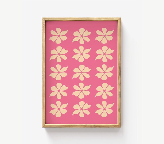 Pink Cream Retro Flower Grid Minimalist Wall Decor Poster for Modern Home Decor
