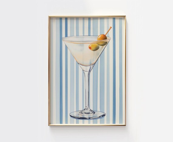Martini Cocktail Watercolor Poster with Olives on Blue Striped Background