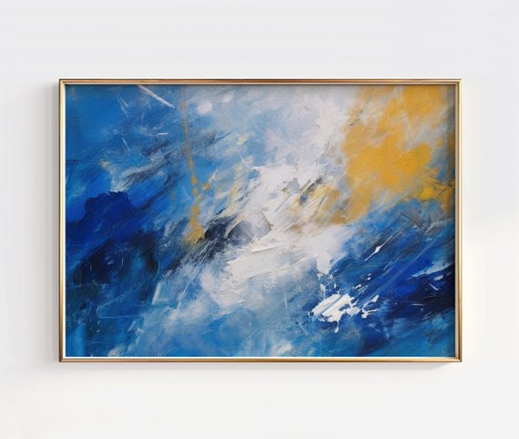 Blue And Gold Abstract Art Print Modern Brushstrokes