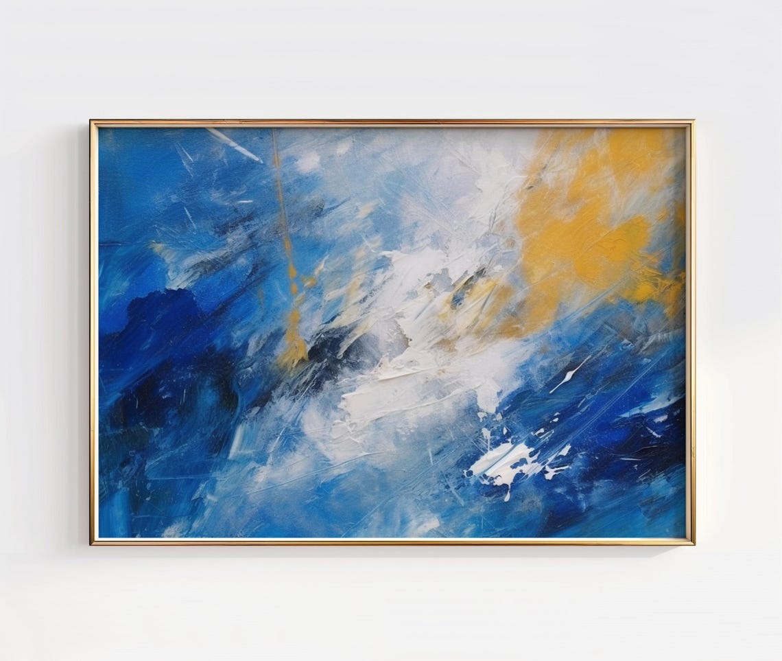 Blue And Gold Abstract Art Print Modern Brushstrokes