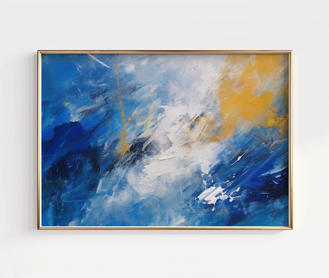 Blue And Gold Abstract Brushstroke Painting Modern Colorful Wall Art